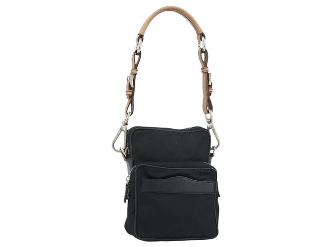 PRADA Schultertasche Nylon Schwarz Silber Authentisch ka593