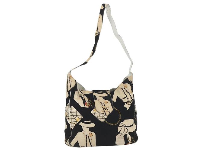Bolsa de Ombro CHANEL em Lona Preta Dourada CC Auth 156515 Preto Dourado