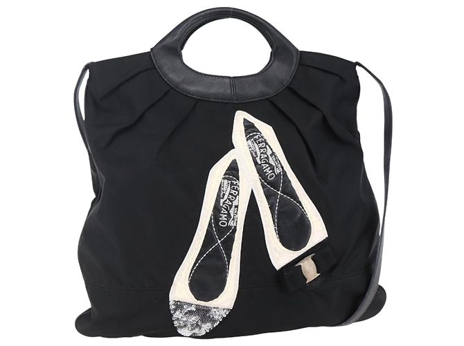 Borsa Vala in Nylon e Pelle Salvatore Ferragamo 2 in 1 Nero Argento Auth BA6809