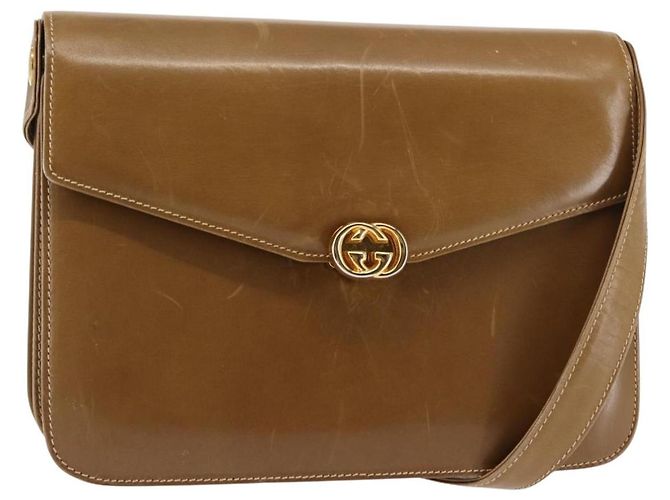 Gucci Bolsa de Ombro de Couro Marrom Dourado Auth BA6561