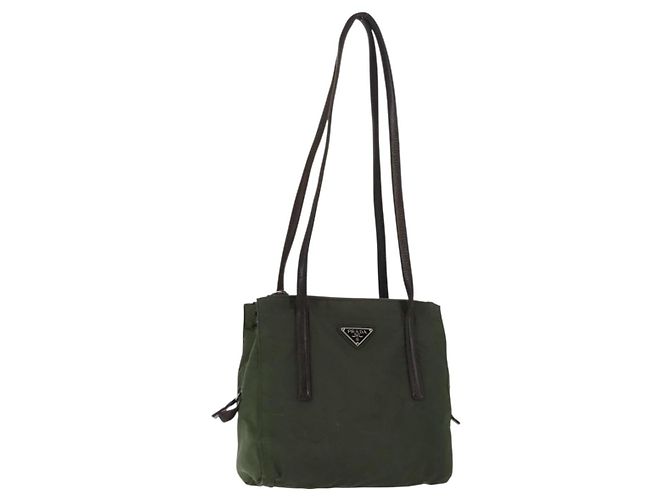 PRADA Tote Bag Nylon Khaki Silver Auth bs29880 Silvery