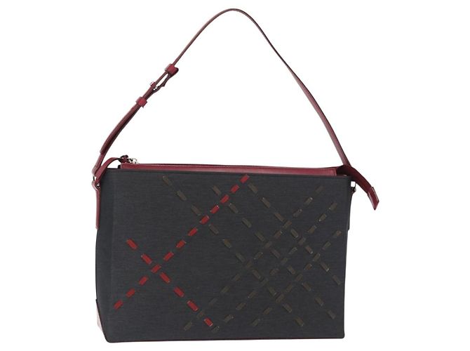 Burberry Borsa a Spalla Nova Check in Nylon e Pelle Grigia Argento Auth ka787 Marrone
