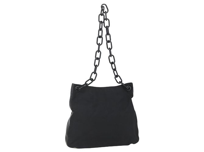 PRADA Chain Shoulder Bag Nylon Black Silver Auth kk583 Silvery