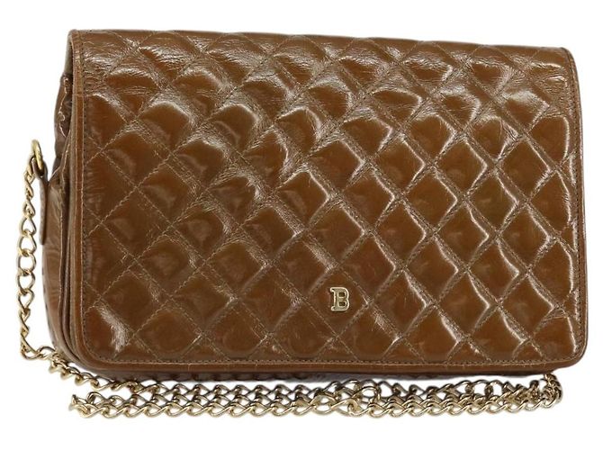 BALLY Bolsa de Ombro com Corrente Esmalte Marrom Ouro Auth 143674 Dourado