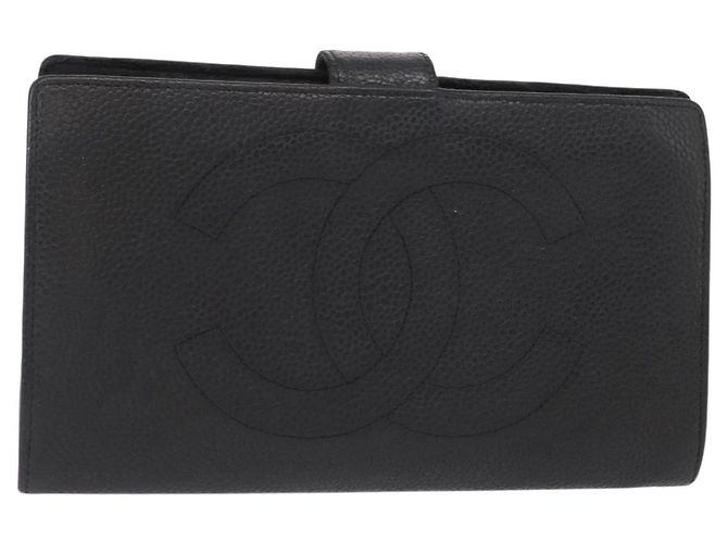 CHANEL COCO Portafoglio Lungo Mark Pelle Caviar Nera Oro CC Auth bs31584 Nero D'oro