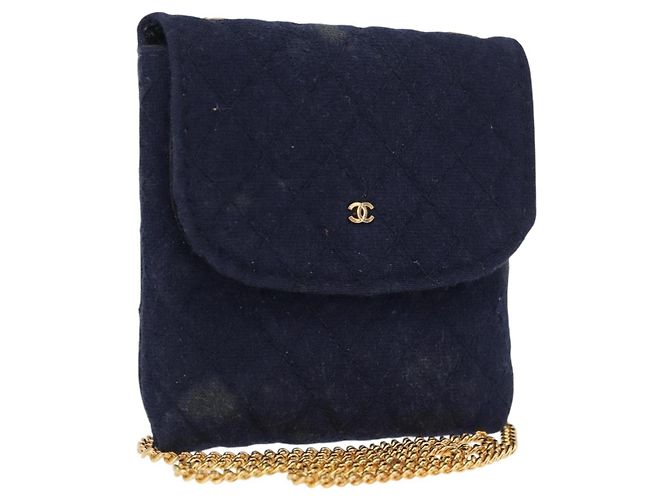 CHANEL Mini Matelassé Bolsa de Cadena Algodón Marino Oro CC Auth bs31449 Dorado Azul marino