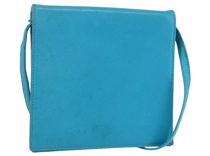 Céline Bolsa de Ombro de Couro Azul Prata Auth 154900