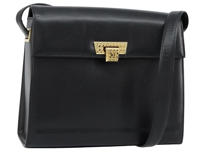 Bolsa de Ombro Christian Dior em Couro Preto Dourado Auth 155073