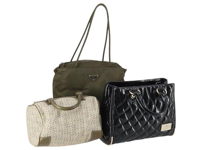 BALLY Celine PRADA C Bolsa Macadam Nylon Esmalte 3Set Beige Caqui Negro Auth BA5394