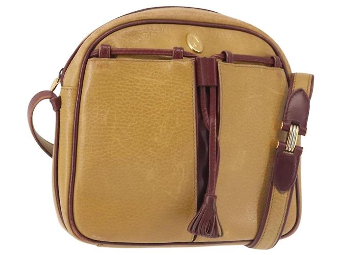 Cartier Bolsa de Ombro de Couro Bege Dourado Auth BA6209