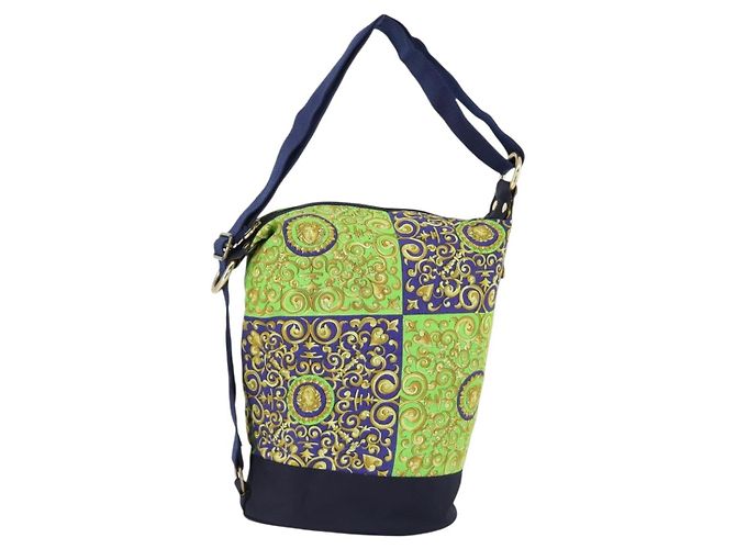 Bolsa de Ombro VERSACE Algodão Verde Ouro Auth yk19828 Dourado