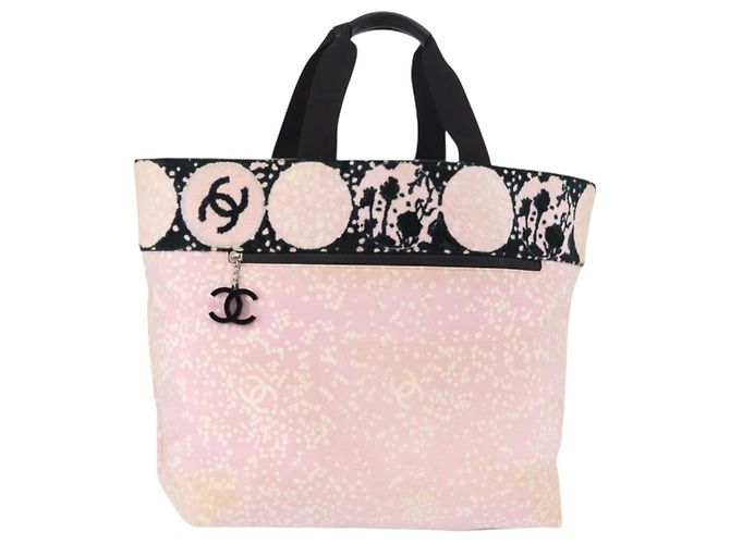 CHANEL Bolsa Tote de Verano Alto Lona Cuero Rosa Plata CC Auth BA8259
