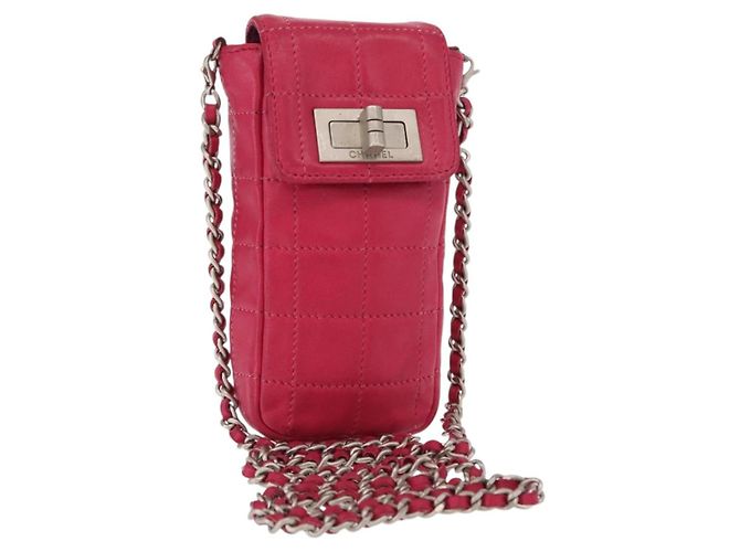 CHANEL Bolsa de Ombro Choco Bar em Couro Rosa Prata com Corrente e CC Auth BA8714