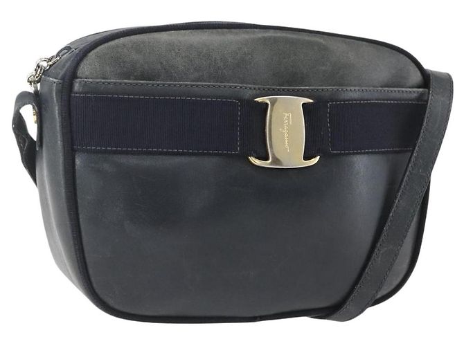 Borsa a Spalla Vala in Pelle Blu Navy e Oro Salvatore Ferragamo Auth ka930 D'oro