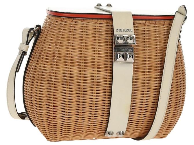 Sac Panier PRADA en osier cuir blanc beige argent authentique mr1668SAM Argenté