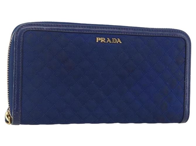 Portefeuille PRADA Cuir Nylon Bleu Or Auth am10008 Doré