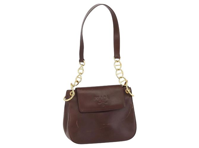 Bolso de Hombro PRADA de Cuero Marrón Dorado Auth gh1442 Castaño