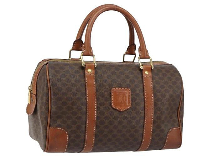 Céline Bolsa de mão em lona Macadam CELINE em couro PVC marrom e dourado Auth ka572