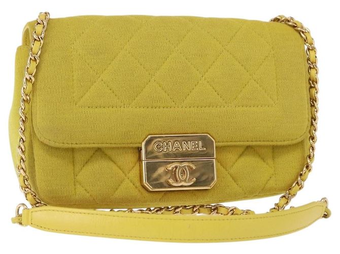 CHANEL Borsa a Spalla Matelassé con Catena Cotone Giallo Oro CC Auth 156510V D'oro