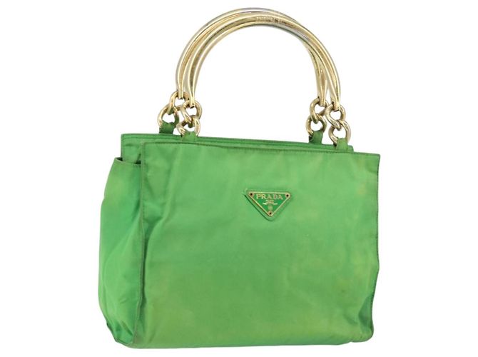 Bolsa Tote PRADA Nylon Verde Ouro Auth 153035 Dourado