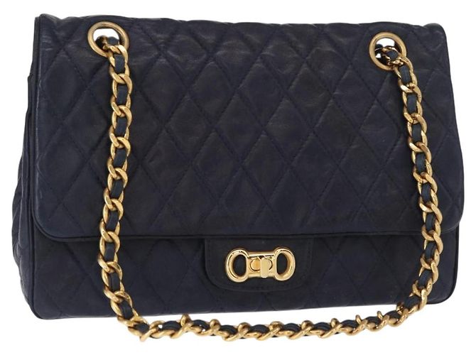 BALLY Bolsa de Ombro com Corrente Couro Marinho Dourado Auth 153688 Azul marinho