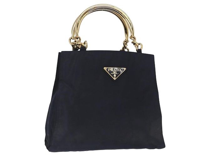 PRADA Borsa a mano in nylon blu navy oro Auth 156119 D'oro