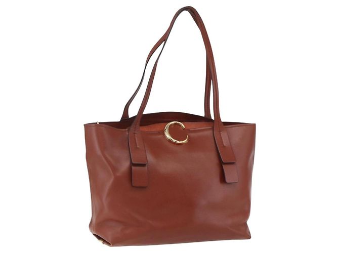 Chloé Bolsa Tote de Couro Marrom Dourado Auth am10080