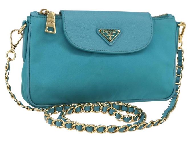 PRADA Borsa a Spalla con Catena Nylon Blu Turchese Oro Auth 156453V D'oro