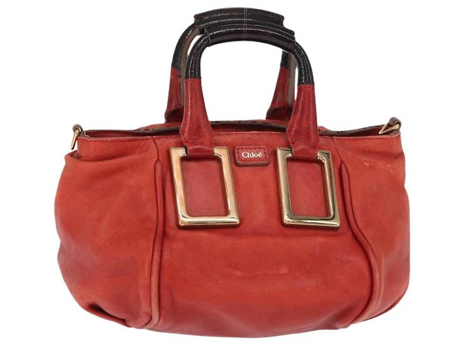 Chloé Bolsa de mão em couro Chloe Etel 2 em 1 Vermelha Dourada Auth BA8651 Vermelho Dourado