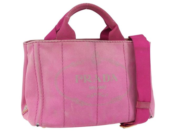 PRADA Canapa PM Bolsa de Mão em Lona 2way Rosa Dourado Auth ti3547