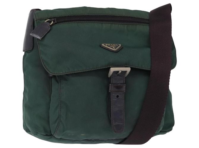 PRADA Bolsa de Ombro Nylon Verde Prata Auth 156244