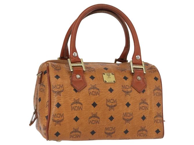 Bolso MCM Logogram Vicetos de cuero PVC marrón dorado Auth BA8427 Castaño