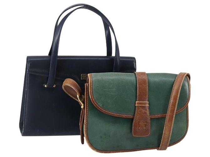 Céline Borsa a mano in pelle CELINE Givenchy 2 pezzi blu navy e verde Auth BA8093