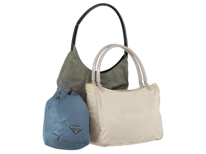 Borsa Tote PRADA Nylon 3 Set Beige Blu Khaki Auth am9798 Cachi