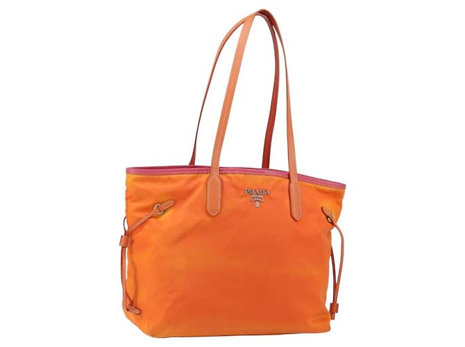 PRADA Tote Bag Nylon Orange Silver Auth 154158 Silvery