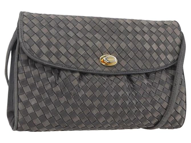 BALLY Bolsa de Ombro de Couro Cinza Dourado Auth BA8439 Marrom