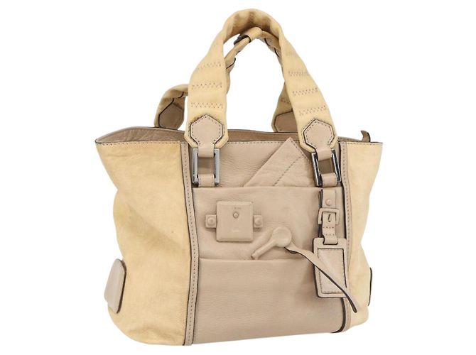 Chloé Bolsa Tote de Couro Bege Marrom Auth SW1787