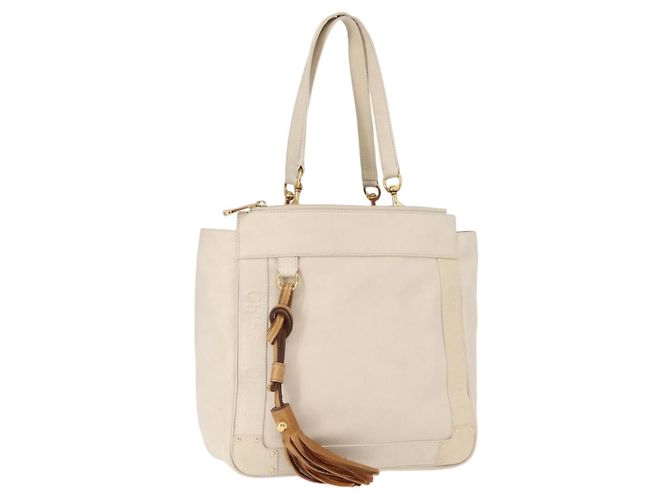 Chloé Bolsa Tote Eden de couro branco e dourado Auth th6490