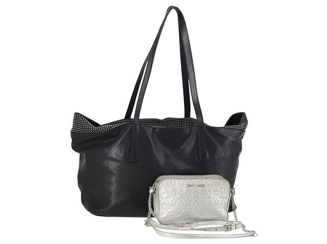 Borsa a Spalla in Pelle Jimmy Choo 2 Set Nero Argento Auth BA7835