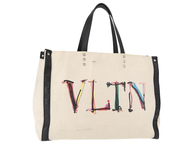 VALENTINO Tote Bag Studs Canvas Weiß Silber Auth bs30222