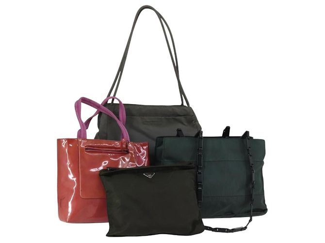 PRADA Bolsa de Ombro Nylon Esmalte 4 Conjuntos Rosa Caqui Verde Auth bs29552