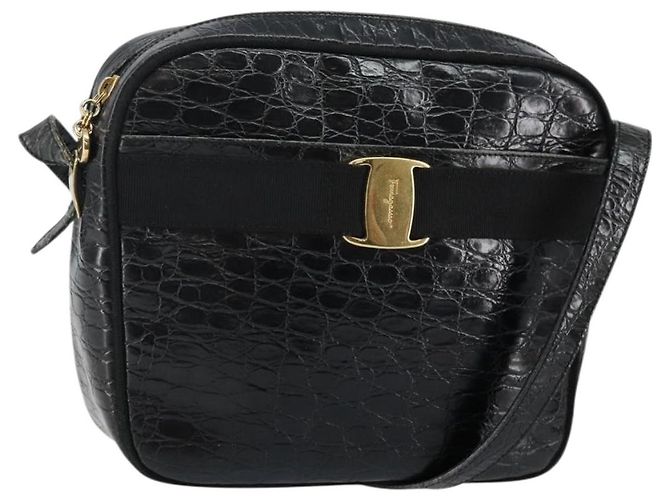 Borsa a Spalla Vala in Pelle Embossed Nera e Oro Auth BA6288 di Salvatore Ferragamo Nero D'oro