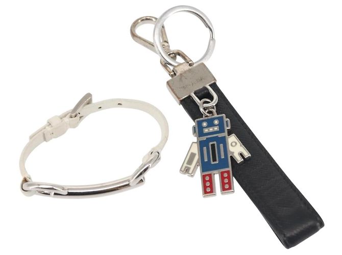PRADA Charm Metal Leather 2Set Black Silver Auth 143381 Silvery