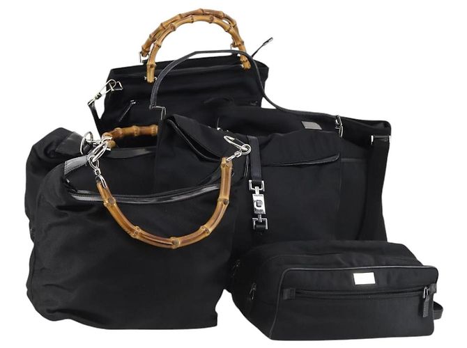 Borsa a Spalla Gucci Bamboo Jackie Nylon 6Set Nera Auth bs29393 Nero