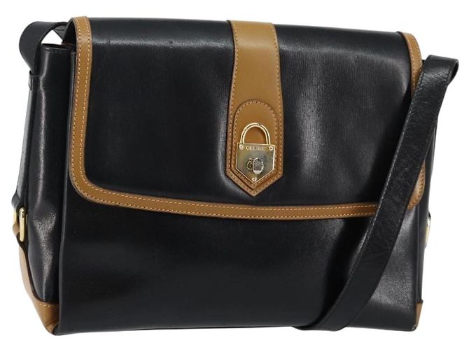 Céline Bolsa de Ombro de Couro Preta e Dourada Auth BA6127 Preto Dourado