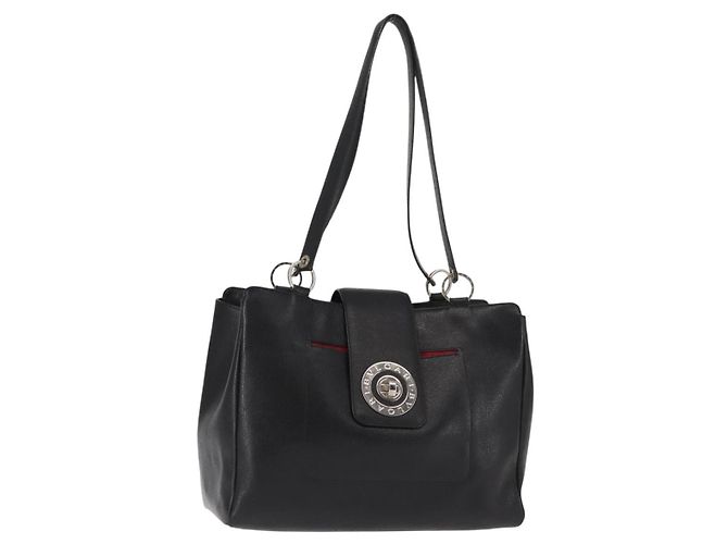 Bulgari Bolsa tote de couro preta e prata com logo circular BVLGARI Auth BA6604 Preto