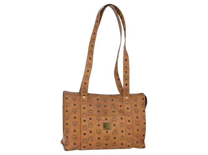 Bolsa tote MCM Logogram Vicetos em couro PVC marrom e dourado Auth 150113