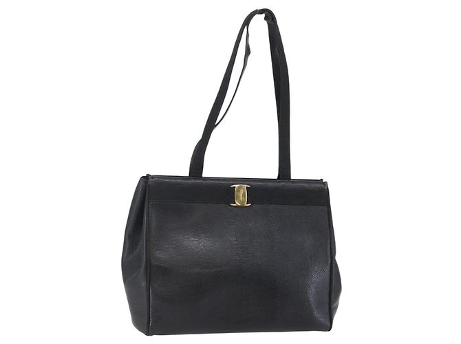 Borsa a Spalla Vala in Pelle Nera e Oro Salvatore Ferragamo Auth BA7064 Nero D'oro