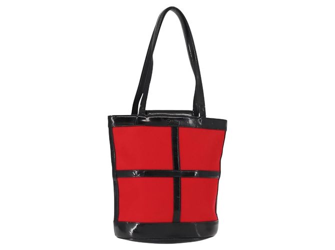 SAINT LAURENT Tote Bag aus emailliertem Nylon Rot Silber Auth BA7096