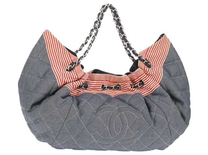 Borsa Tote CHANEL con catena Denim Blu Argento CC Auth 142514V